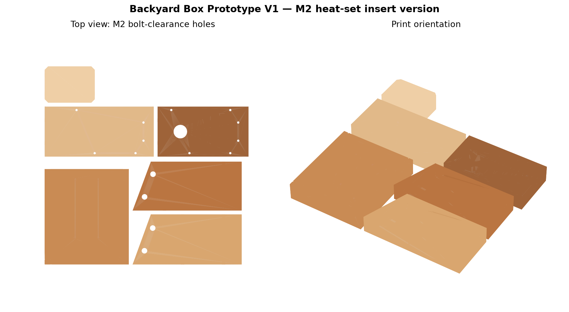 Small flat-print birdhouse prototype panels with M2 insert and bolt locations.
