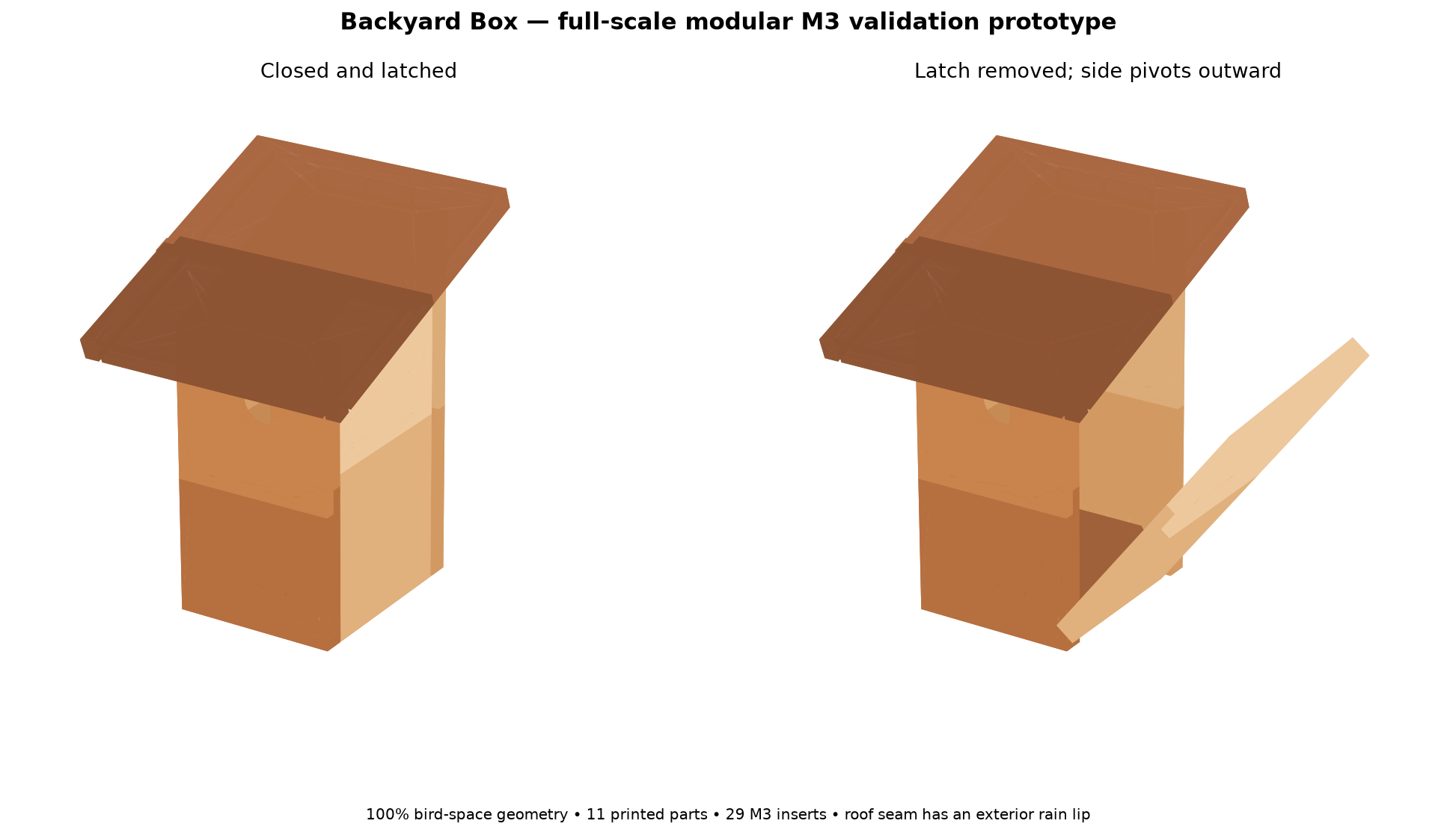 Full-scale modular birdhouse prototype shown closed and with its cleanout side pivoted open.