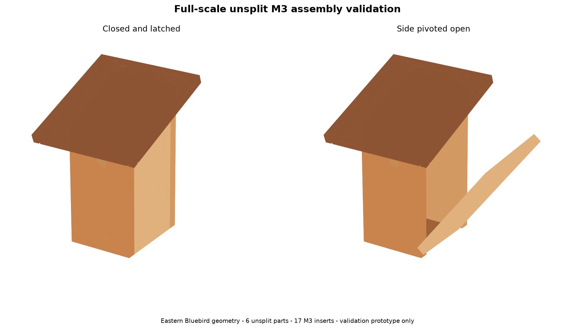 Full-scale printable Backyard Box shown closed and with its cleanout side pivoted open.