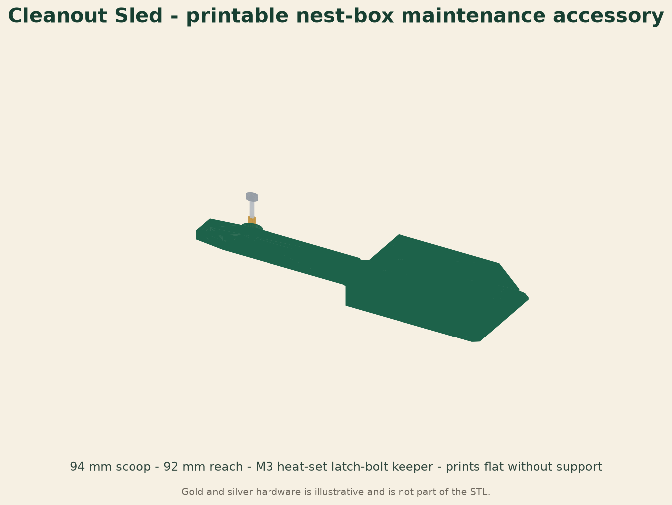 CAD preview of the green Cleanout Sled nest-box maintenance scoop with an exploded M3 insert and latch bolt.
