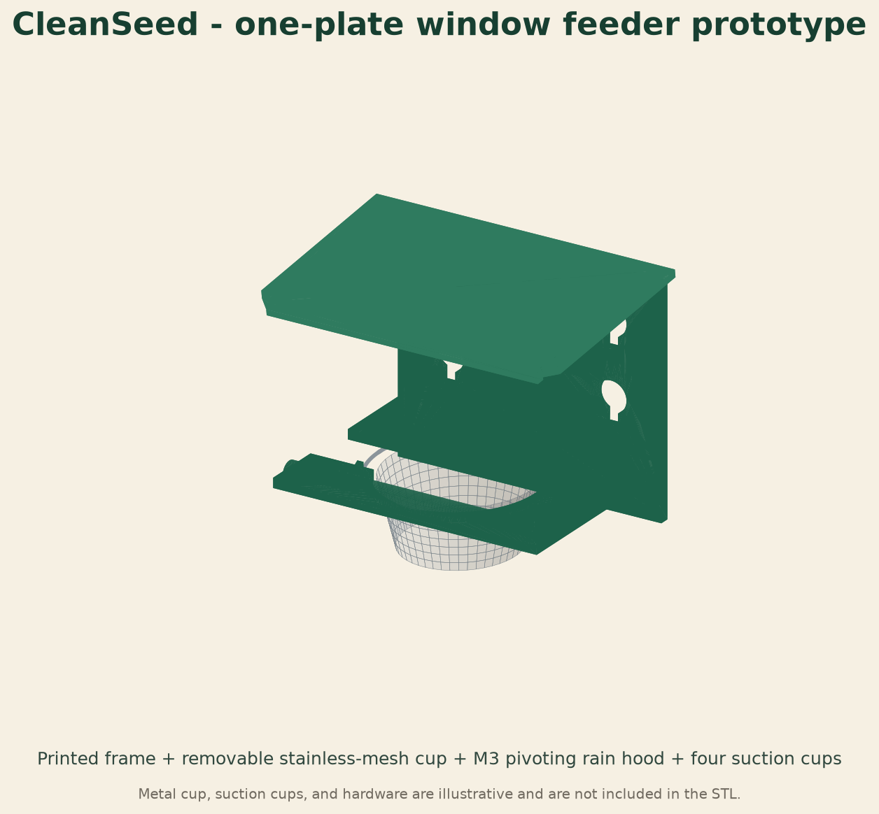 CAD preview of the green CleanSeed window feeder with a removable stainless-mesh cup and M3 pivoting rain hood.