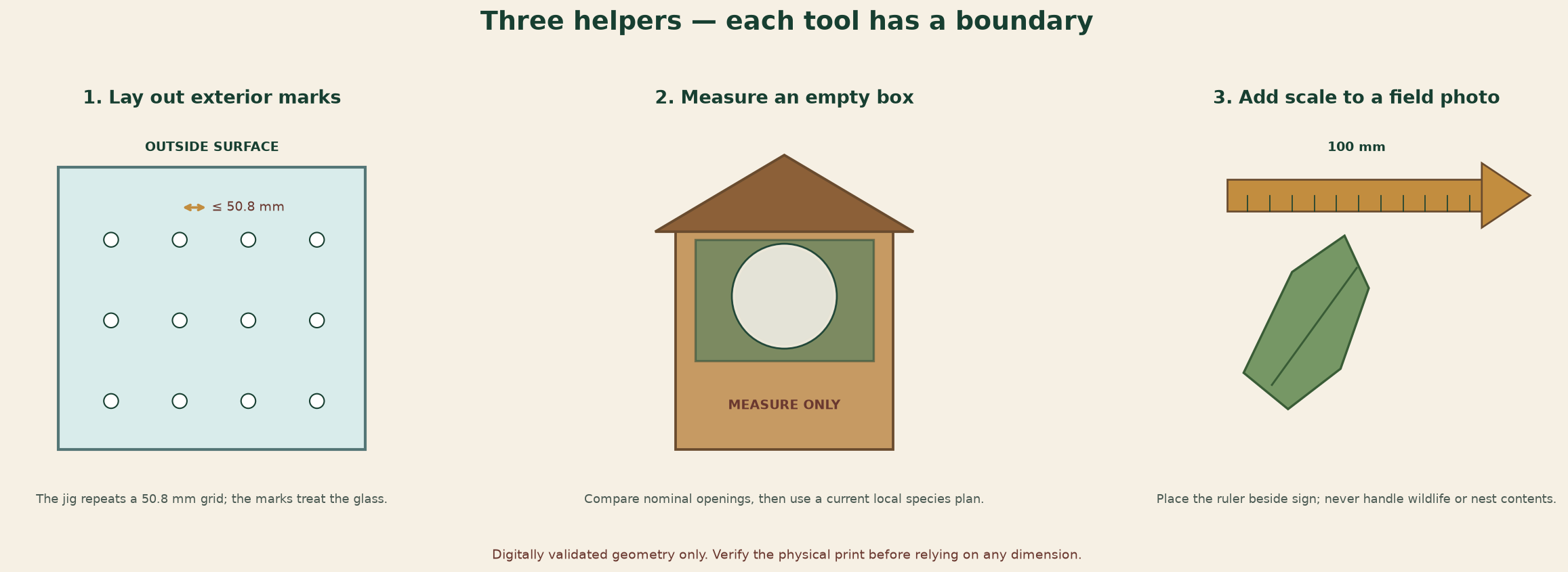 Use guide for a window-pattern spacing stencil, nest-box opening gauge, and field-photo scale.